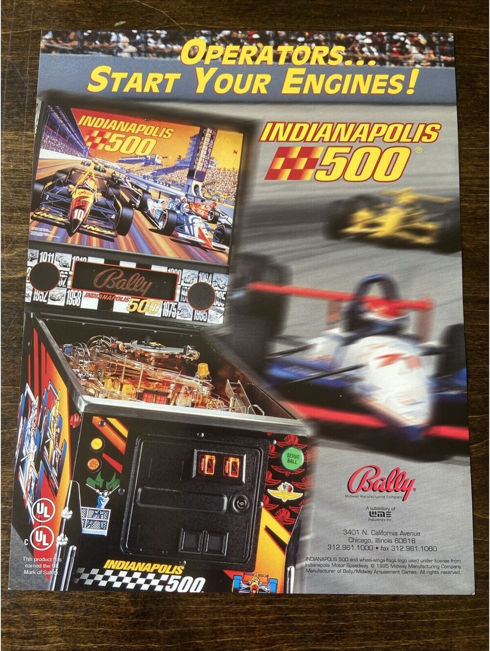 Bally Indianapolis 500 Arcade Pinball FLYER Original Ad Promo 1995Poster Not PCB